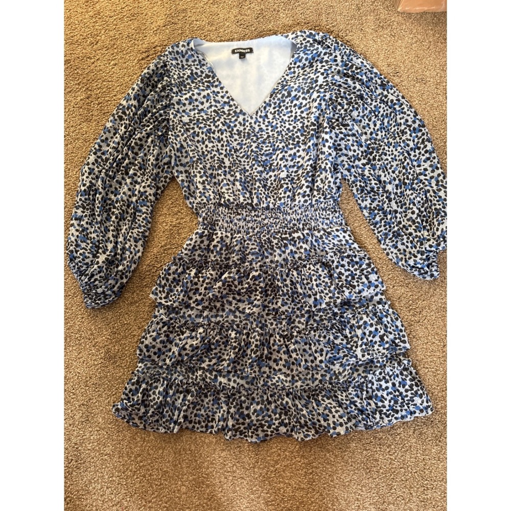 Express Mini Dress Womens M Blue Excellent Smocked Tiered Ruffle Balloon Sleeve